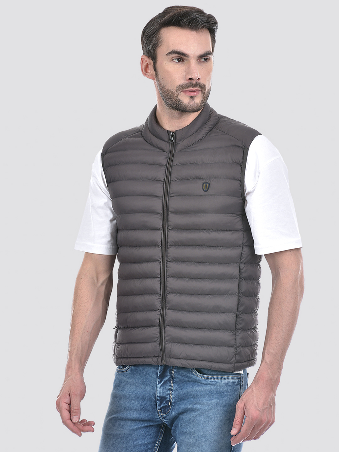 Numero Uno Men Solid Grey Quilted Regular Fit Jacket